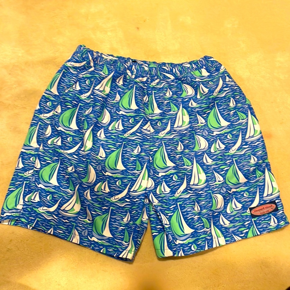 Vineyard Vines Men Med Lined Blue green white medium board shorts swim trunks
